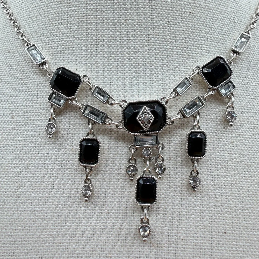 Black Faceted Crystal Rhinestone Silver Tone Dangle Bib Statement Necklace Deco